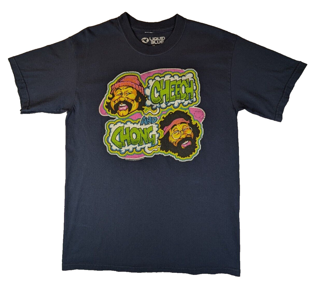 Cheech and Chong Shirt Mens Medium Navy Liquid Blue Graphic Tee Cotton